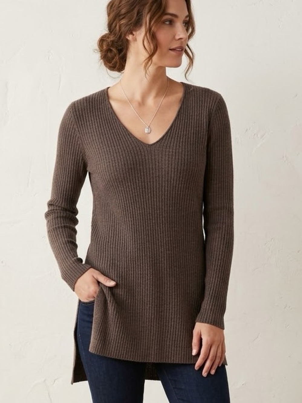 Adrienne Vittadini 100% Extra Fine Merino Wool V-Neck Tunic Sweater Size Small